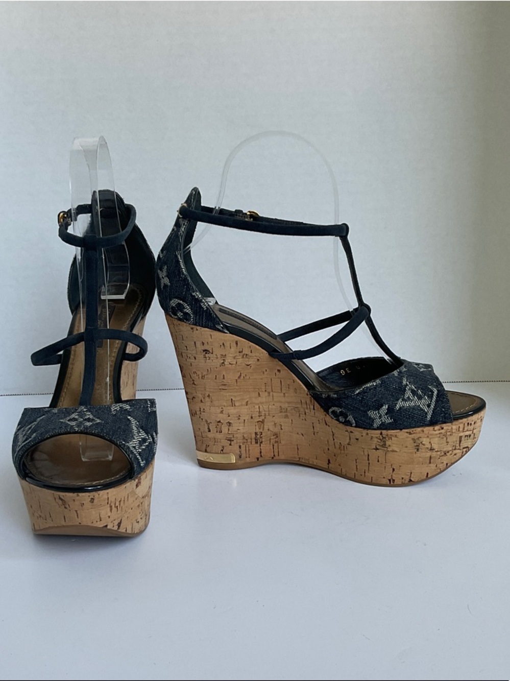 Louis Vuitton Denim Monogram Cork Wedge Sandals - Navy